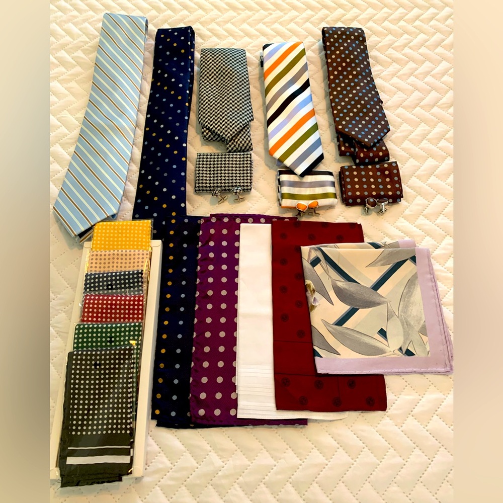 Brand new men’s ties, pocket square and cufflinks, set for $10 or all for $25